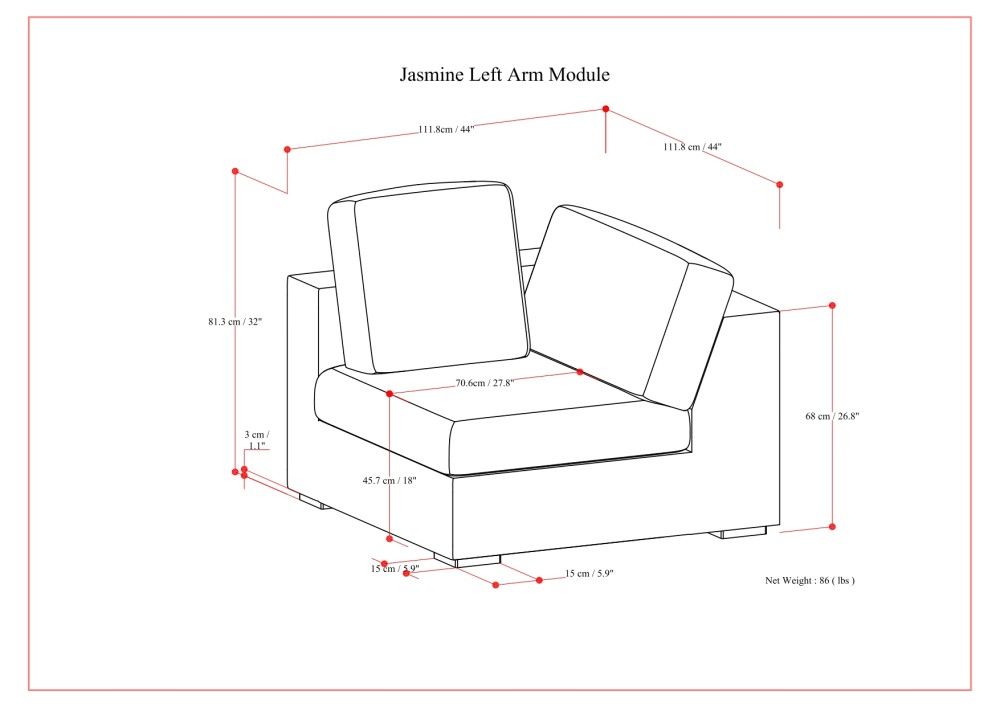 Jasmine - Left Arm Sofa Module - Gray