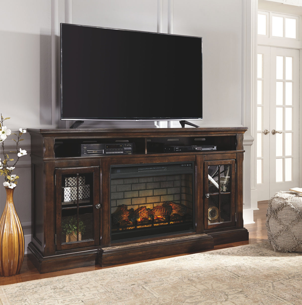 Roddinton - Dark Brown - 2 Pc. - 74" TV Stand with Electric Infrared Fireplace Insert by Signature Design by Ashley® | Bel Furniture