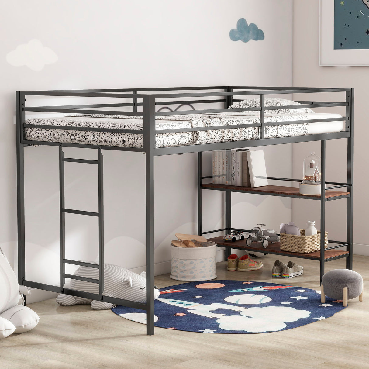 Adam - Junior Twin Loft Bunk Bed With Cinnamon Wood Shelf - Black by House & Home Furniture | Bel Furniture