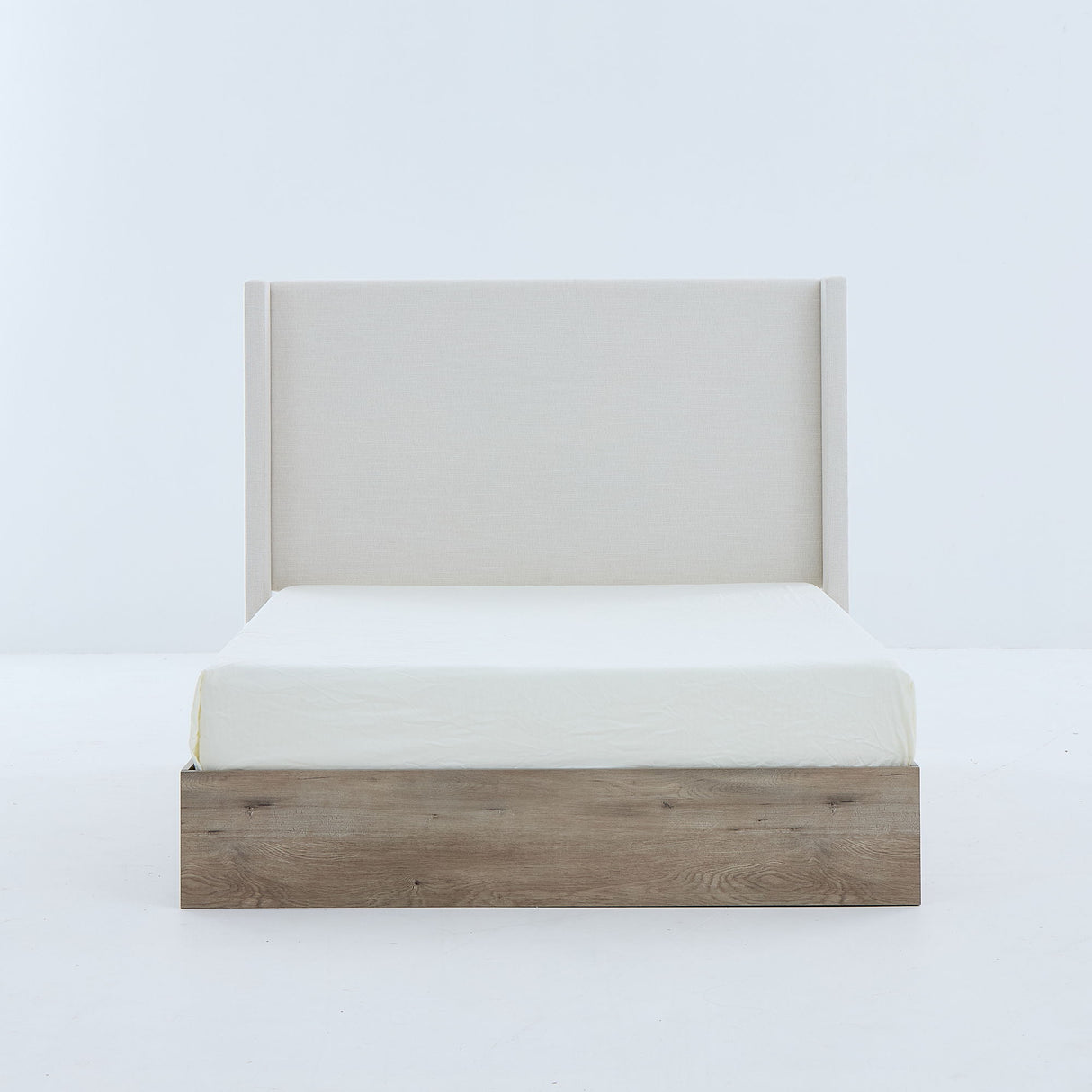 Shelton - Queen Upholstered Wingback Bed With 54" High Headboard - Ivory / Light Gray / Camel Oak