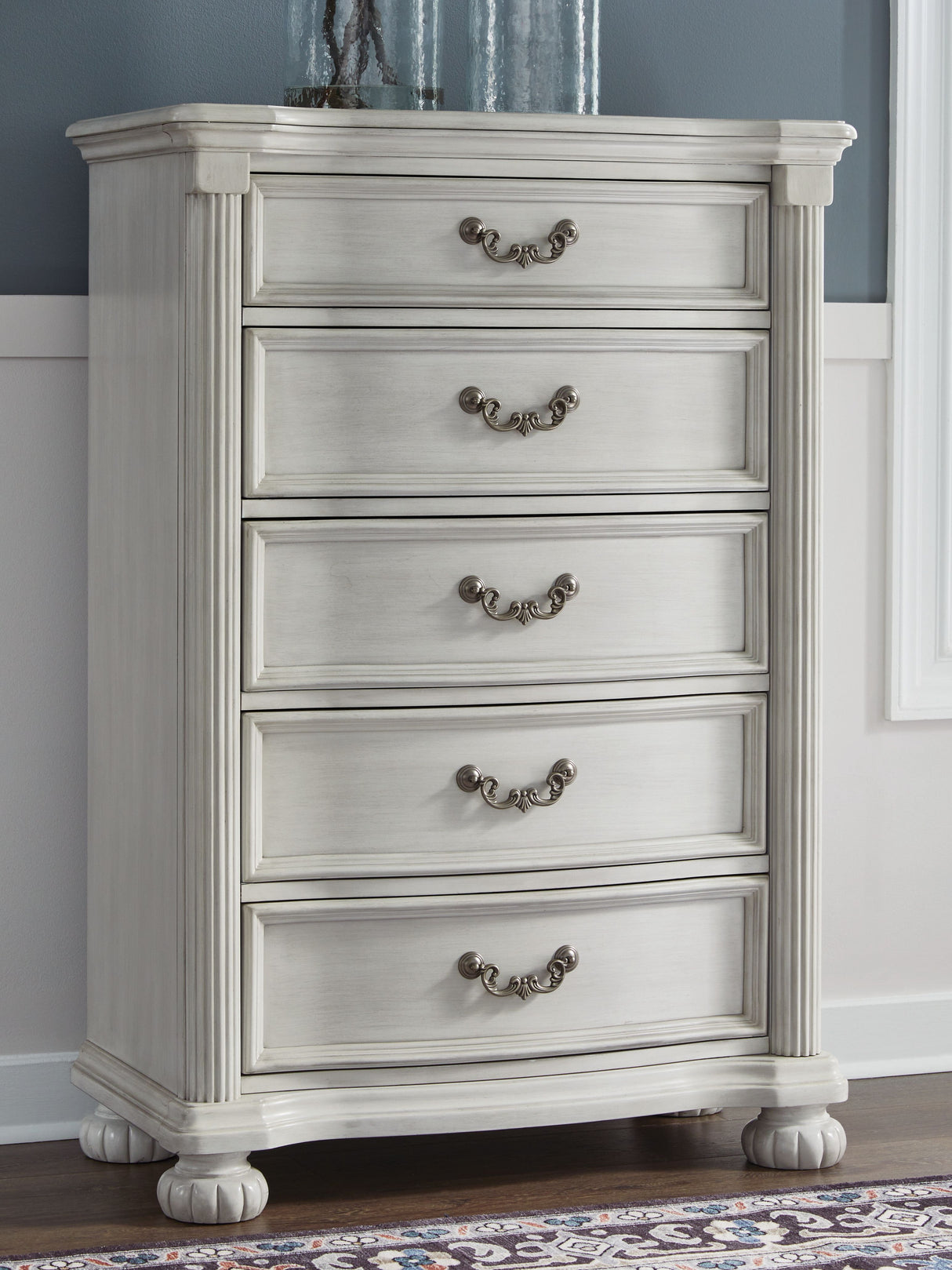 Montelaine - Antique White - Five Drawer Chest by Benchcraft® | Bel Furniture
