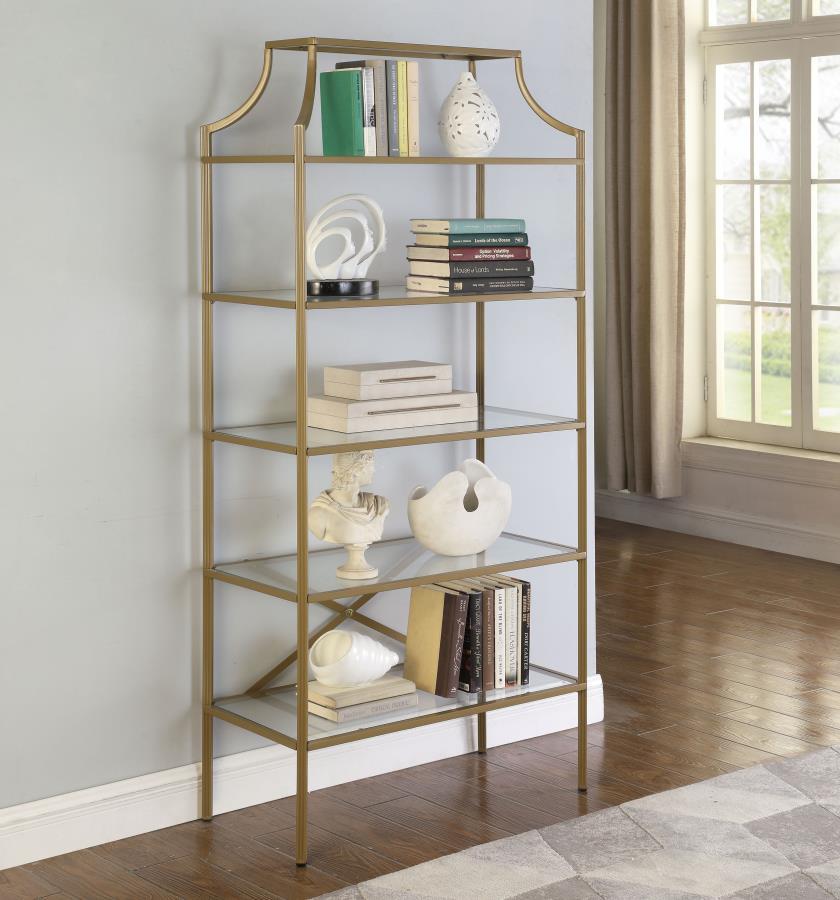 Serena - 5-Shelf Glass Bookshelf - Gold by CoasterEssence | Bel Furniture