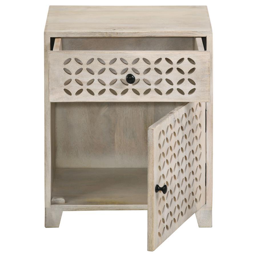 August - 1-Drawer Trellis Pattern Storage Cabinet - White Washed by CoasterEssence | Bel Furniture