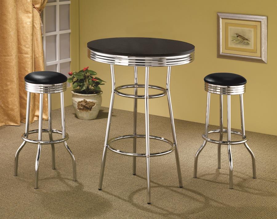 Retro - 3 Pieces Round 1950s Bistro Pub Bar Table Set Black by Coaster Fine Furniture | Bel Furniture