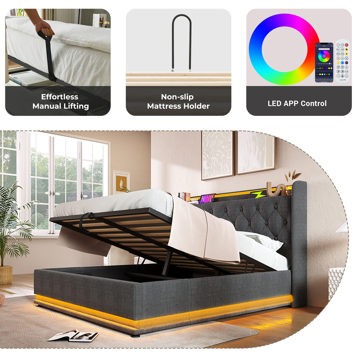 Upholstered Bed, 360 Surround LED Function, Remote Control, Hydraulic Storage Bed With USB, Type-C Charging (Without Mattress)