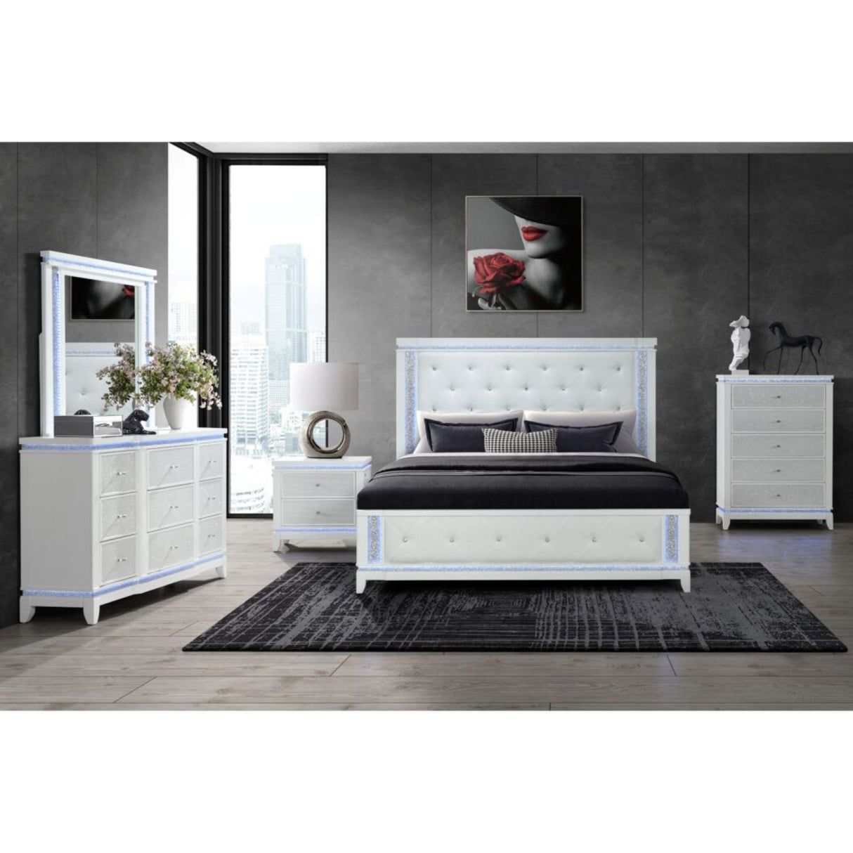 Adalid - Dresser With LED Light And Glittered Drawer Fronts - White