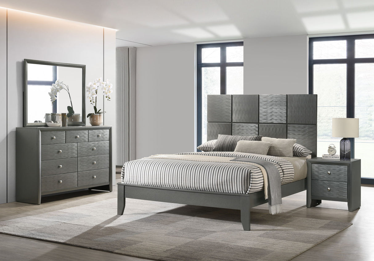 Denker - Bedroom Set Dark Gray 4 Pc. Bed, Dresser, Mirror, Nightstand by Crown Mark | Bel Furniture