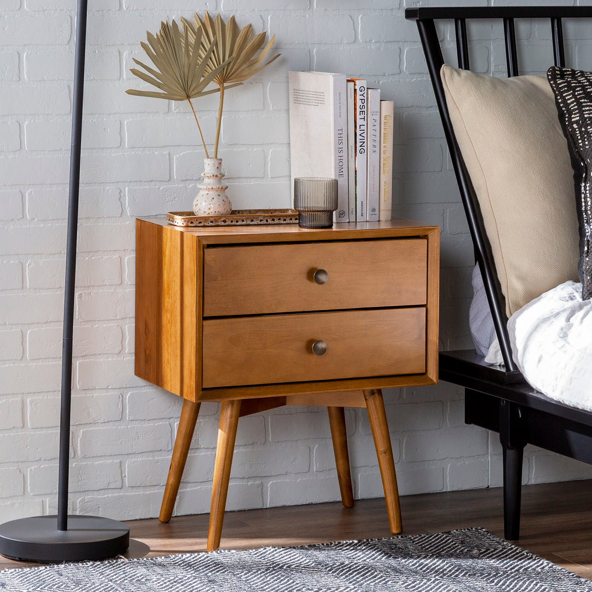 Mid Century Modern Double Drawer Nightstand - Caramel by Walker Edison | Bel Furniture