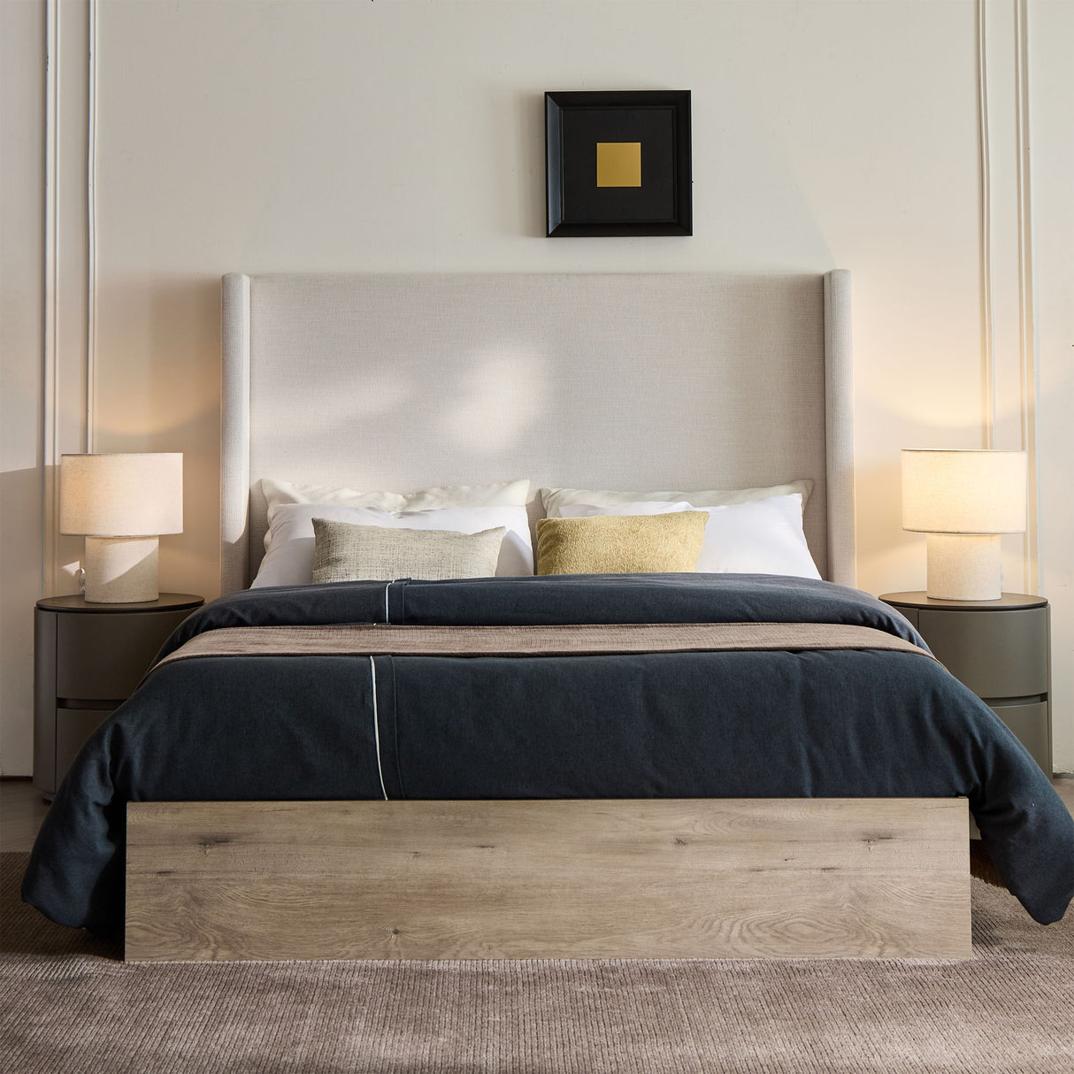 Shelton - Queen Upholstered Wingback Bed With 54" High Headboard - Ivory / Light Gray / Camel Oak