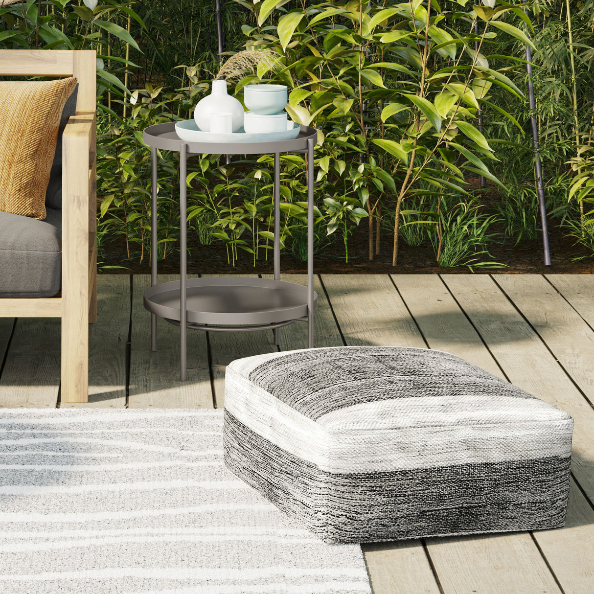 Mathis - Square Woven Outdoor / Indoor Pouf - Gray / White by Simpli-Home | Bel Furniture