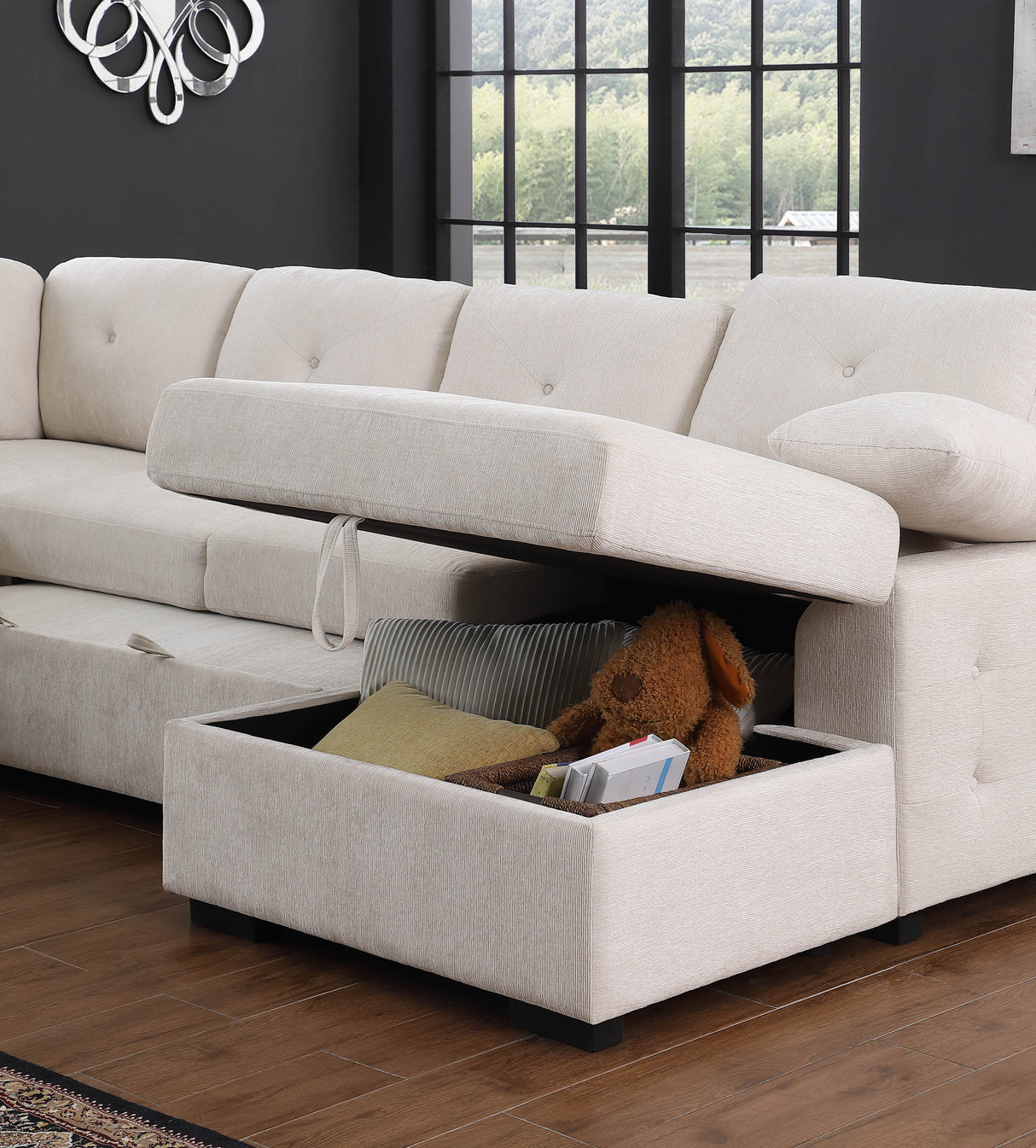 Nyhan - Upholstered Corner Sectional With Pull Out Loveseat And Storaged Chaise by Cynthia's Furniture | Bel Furniture
