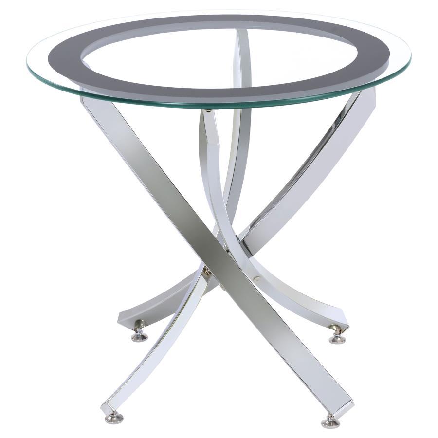Brooke - Round Glass Top Side End Table Metal Base Pearl Silver by CoasterEssence | Bel Furniture