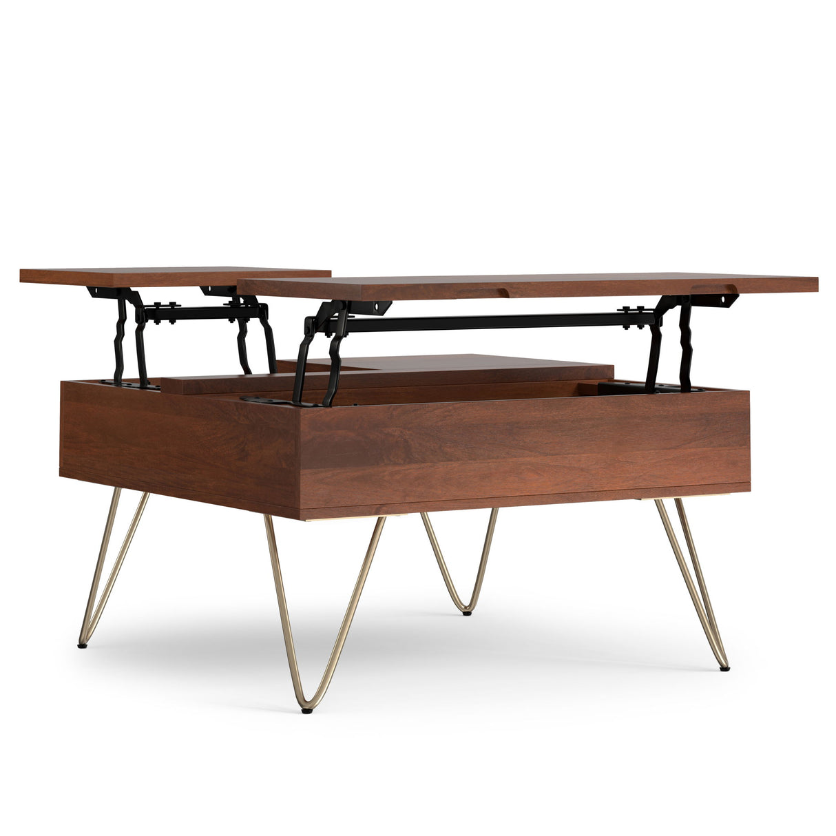Hunter handcrafted walnut lift top coffee table with metal hairpin legs and black hardware mechanism