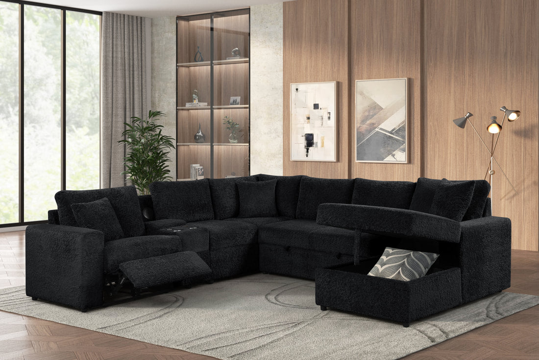 Hunter Black Fabric Sleeper Sectional with Recliner, Storage Chaise & Bluetooth Speakers