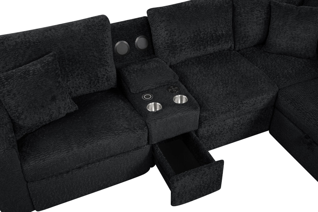 Hunter Black Fabric Sleeper Sectional with Recliner, Storage Chaise & Bluetooth Speakers