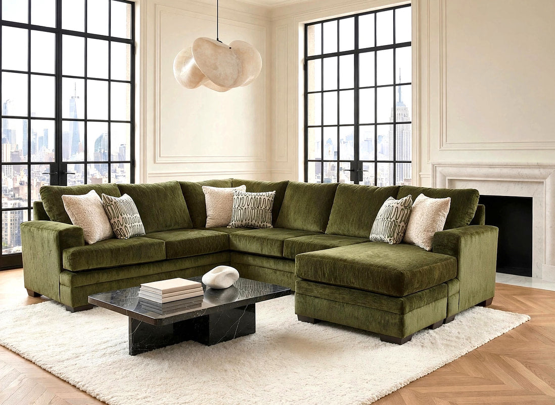 Olive Green 3-Piece Sectional Sofa with Chaise, Track Arms & Accent Pillows