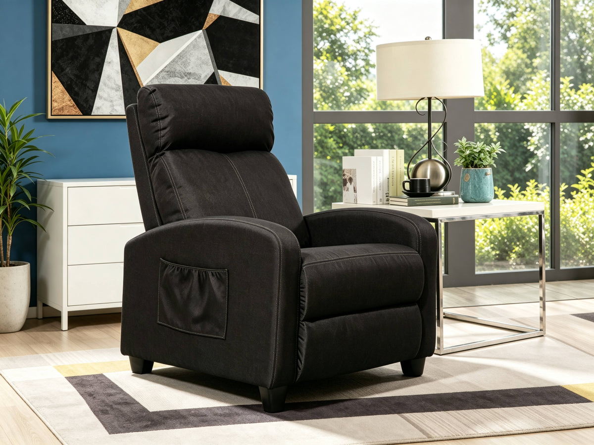 Black Linen Push-Back Recliner with Padded Arms & Side Storage Pocket