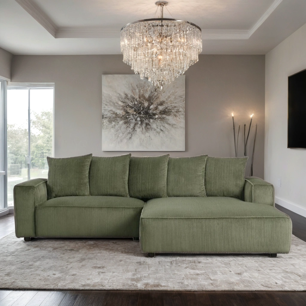 Romeo Olive Corduroy Sectional Sofa with Right Chaise - Green