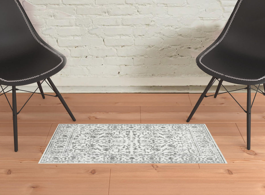 Floral Power Loom Area Rug With Fringe - Light Gray - 2' x 3'
