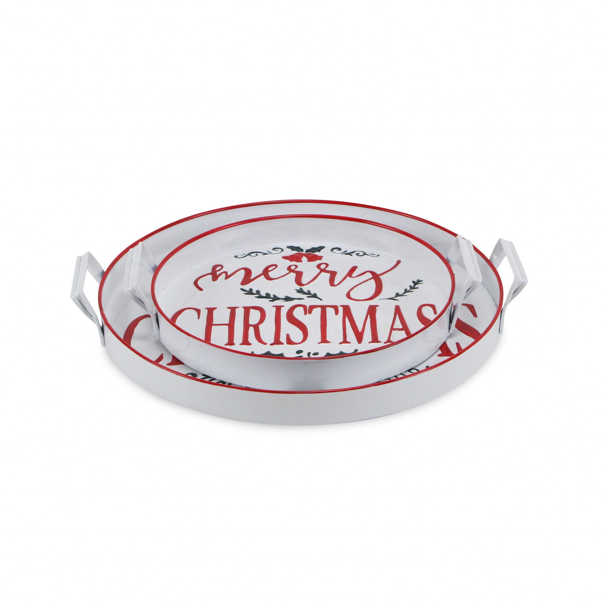 Round Metal Christmas Handmade Tray With Handles - White