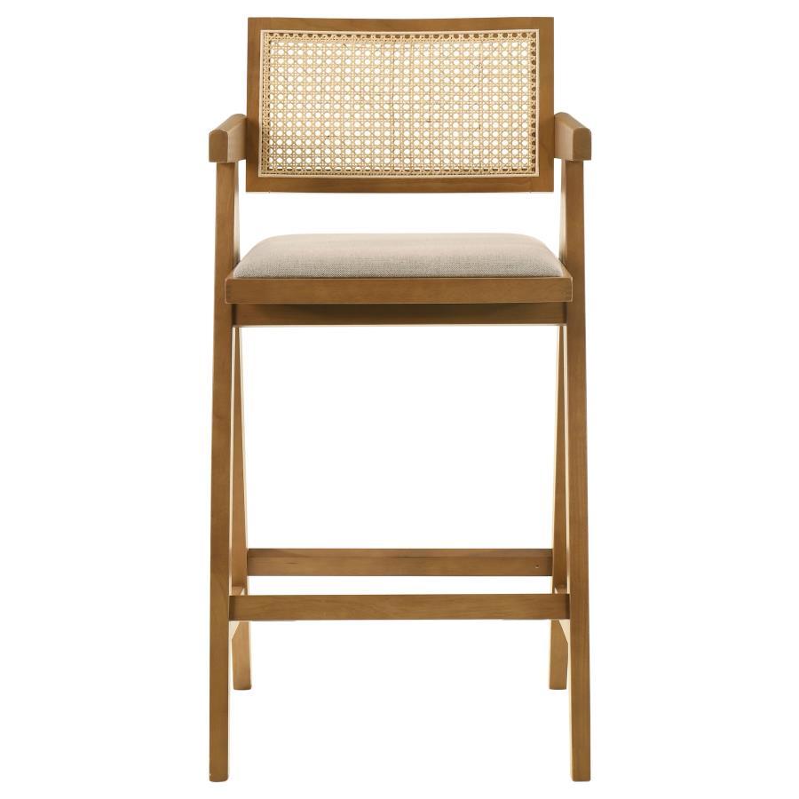 Kane - Solid Wood Bar Stool With Woven Rattan Back and Upholstered Sea (Set of 2) - Light Walnut And Sand