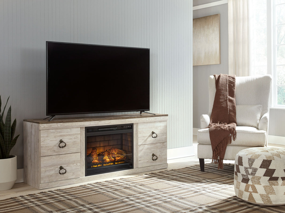 Willowton - Whitewash - 2 Pc. - TV Stand with Faux Firebrick Fireplace Insert by Signature Design by Ashley® | Bel Furniture