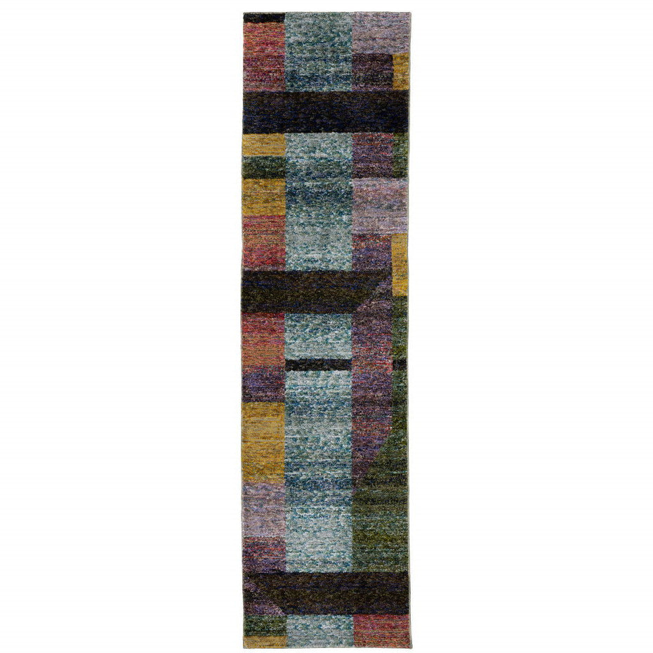 Geometric Power Loom Stain Resistant Runner Rug - Purple Blue Teal Gold Green Red And Pink - 2' X 8'
