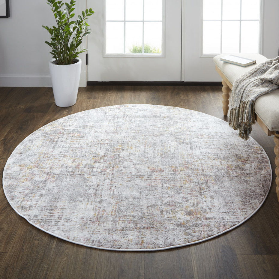 Abstract Stain Resistant Area Rug - Ivory Tan And Taupe Round - 6'