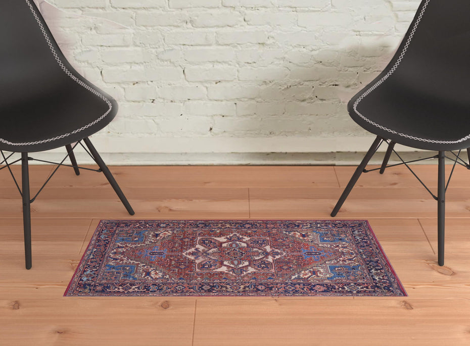 Floral Power Loom Area Rug - Red, Tan And Blue - 2' X 3'