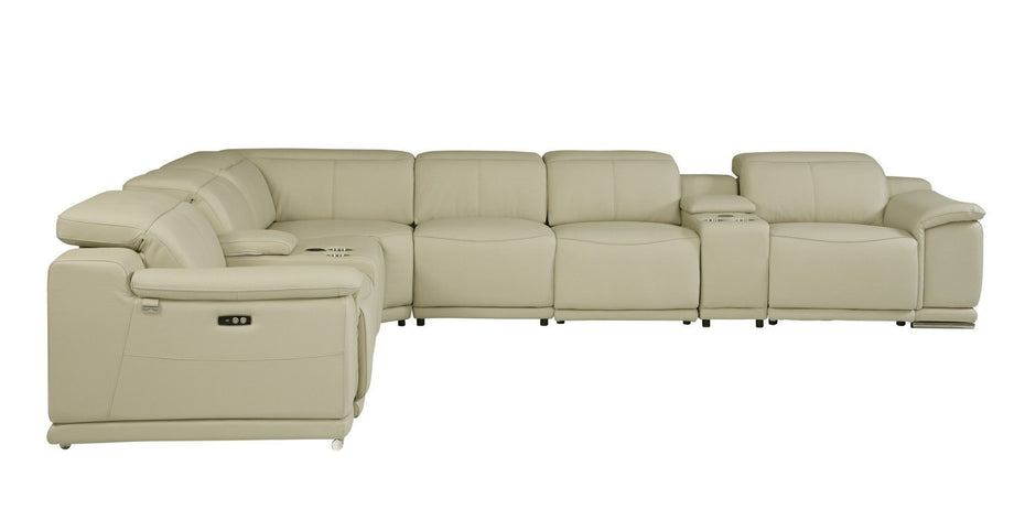 Leather Power Recline L Shape Eight Piece Corner Sectional With Console - Beige Italian