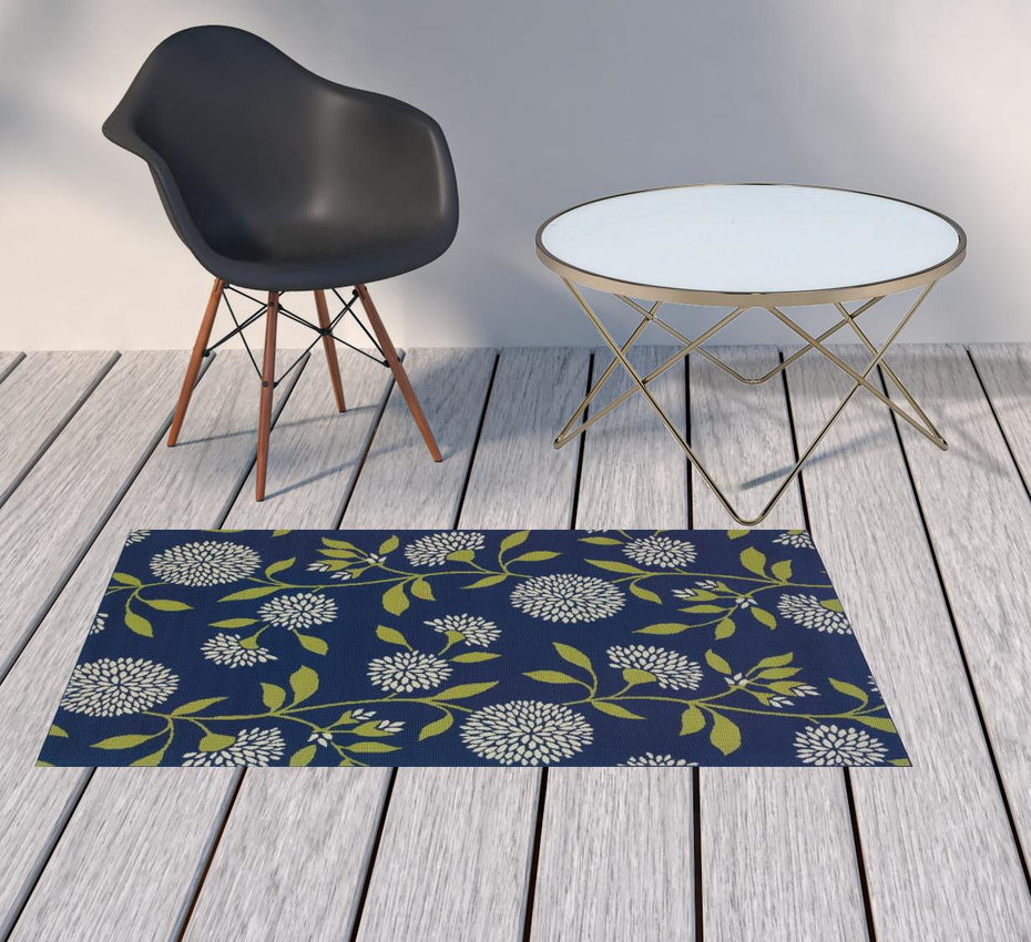Floral Indoor Outdoor Area Rug - Indigo And Lime Green - 3' x 5'