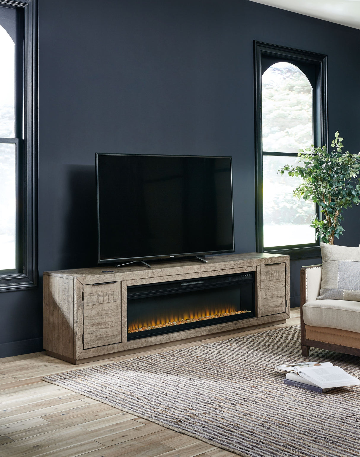 Krystanza - Weathered Gray - TV Stand with Wide Fireplace Insert by Signature Design by Ashley® | Bel Furniture