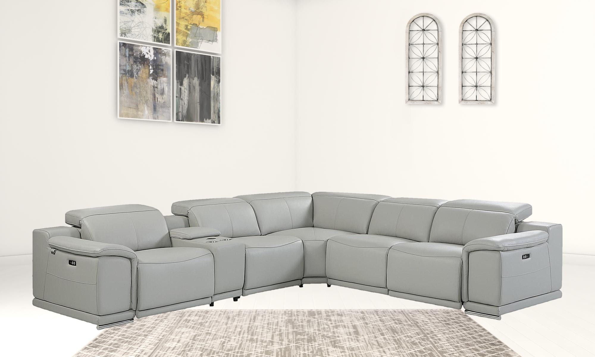 Light Gray Italian Leather Power Recline L Shape Six Piece Corner Sectional With Console