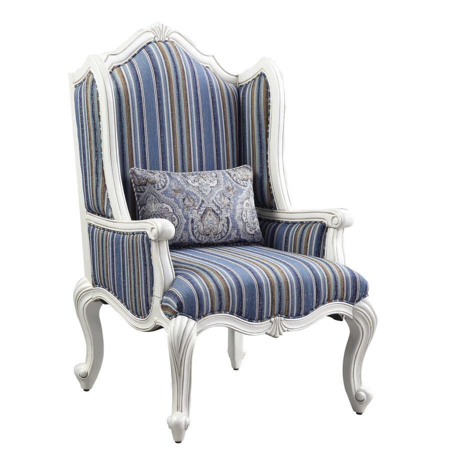 Fabric And White Striped Wingback Chair 31" - Blue White and Brown