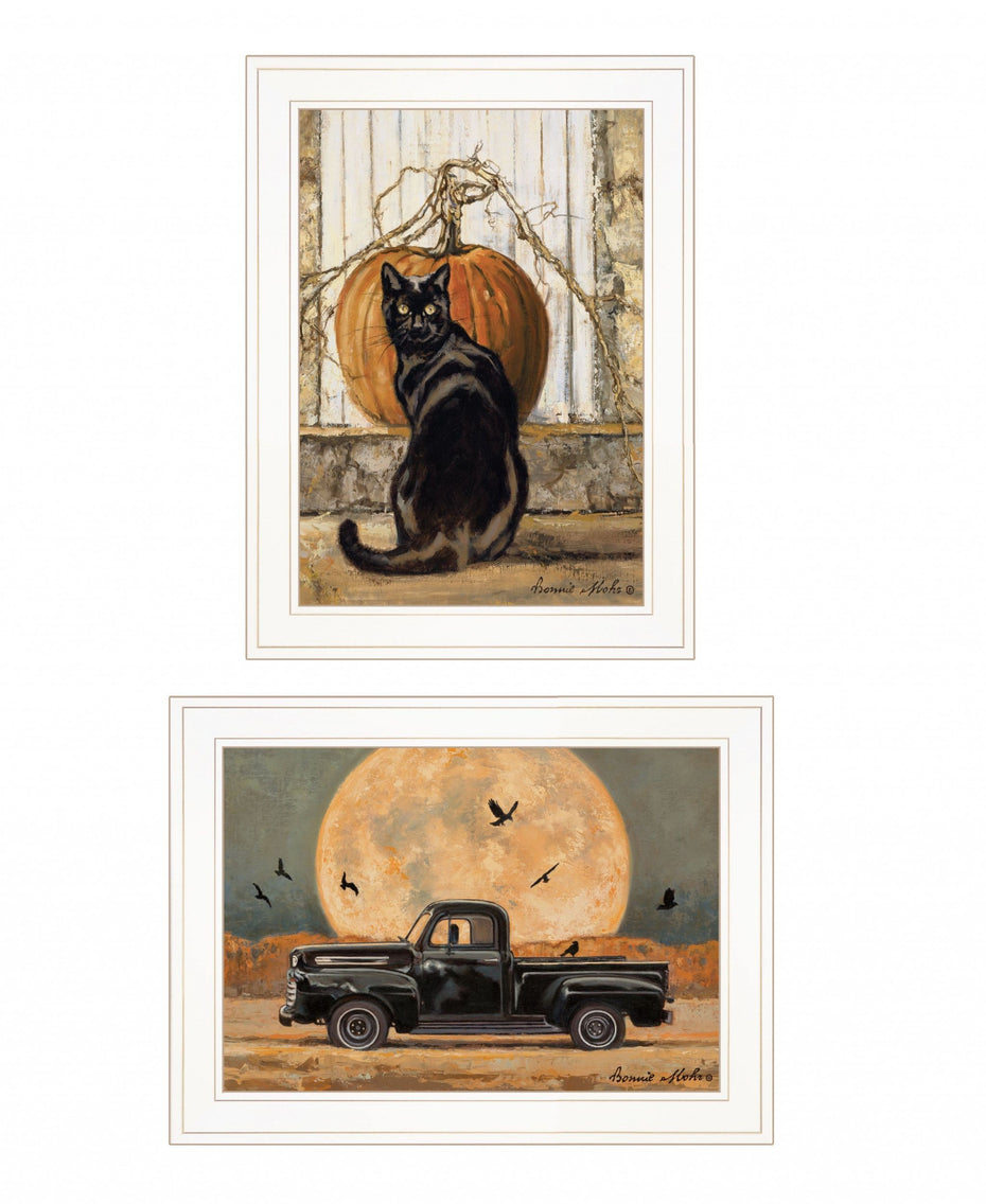 Harvest Moon With A Black Cat And Truck 1 Framed Print Wall Art (Set of 2) - White