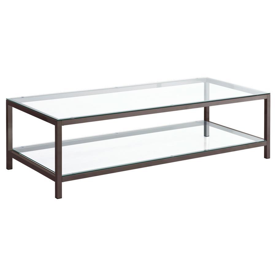 Trini - 1-Shelf Glass Top Coffee Table - Black Nickel by CoasterEssence | Bel Furniture