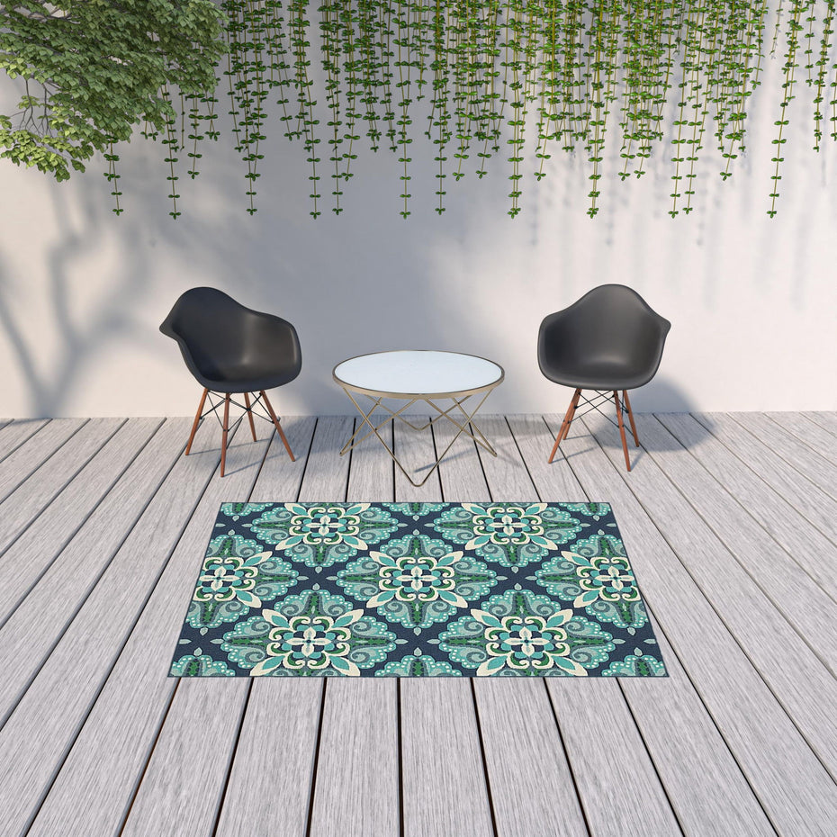 Floral Indoor Outdoor Area Rug - Blue And Green - 5’ x 8’