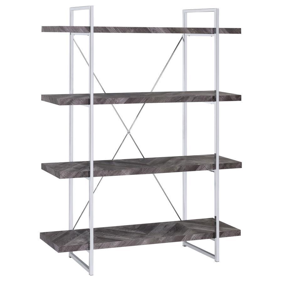 Grimma - 4-Shelf Bookshelf - Rustic Gray And Chrome by CoasterEssence | Bel Furniture