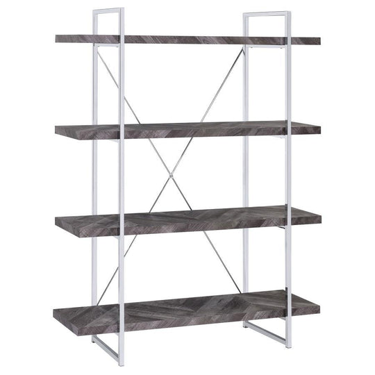 Grimma - 4-Shelf Bookshelf - Rustic Gray And Chrome by CoasterEssence | Bel Furniture