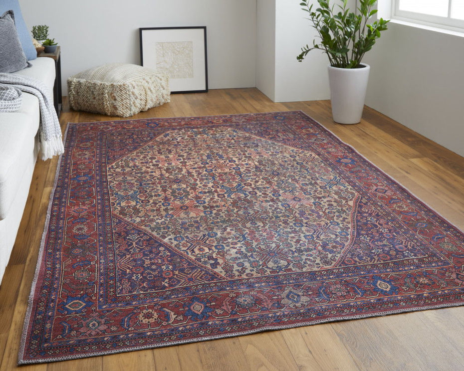 Floral Power Loom Area Rug - Tan Red And Blue - 2' X 3'