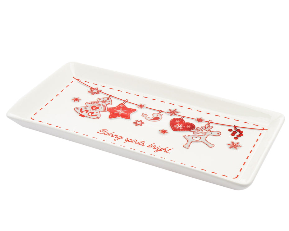 Rectangular Porcelain China Christmas Serving Tray - Red And White