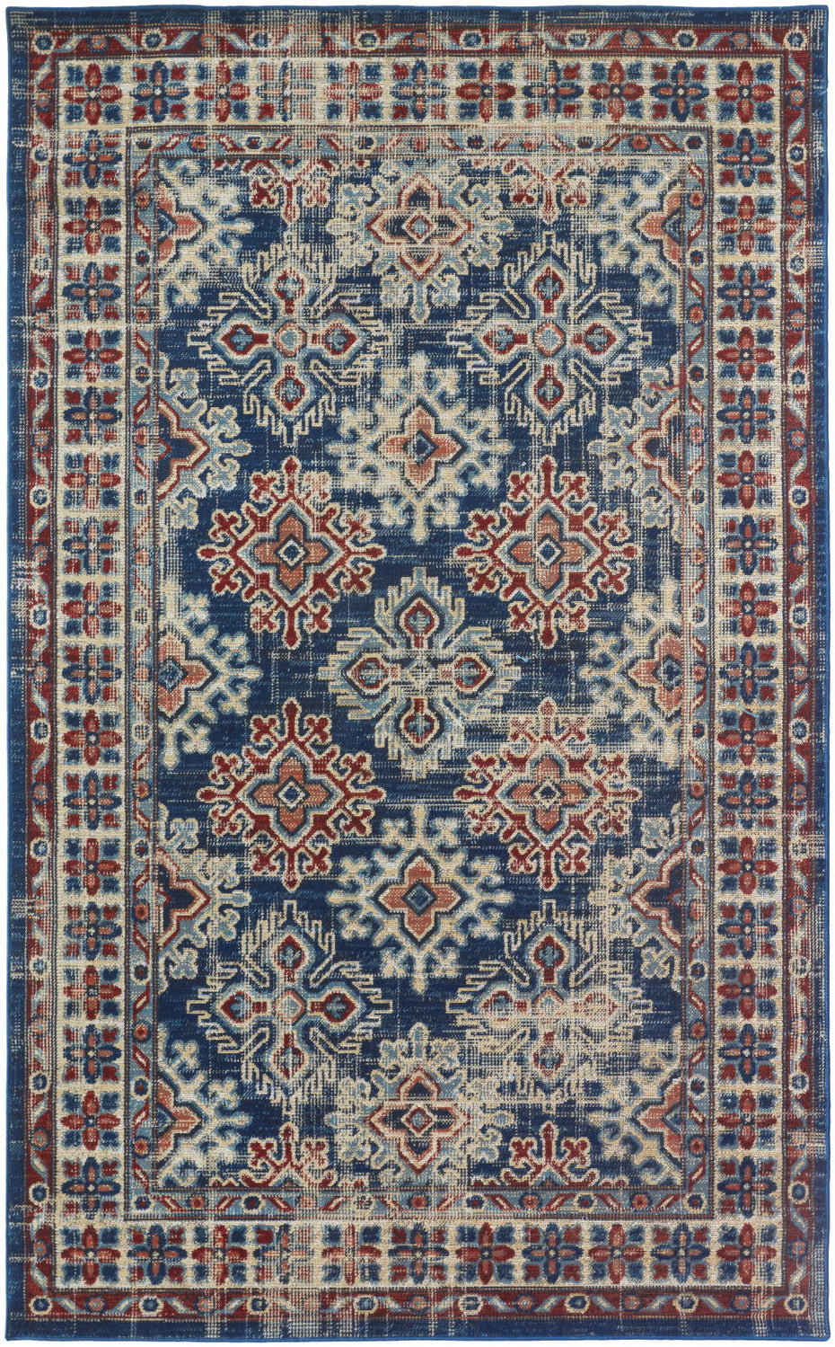Abstract Power Loom Distressed Stain Resistant Area Rug - Blue Red And Ivory - 2' X 3'