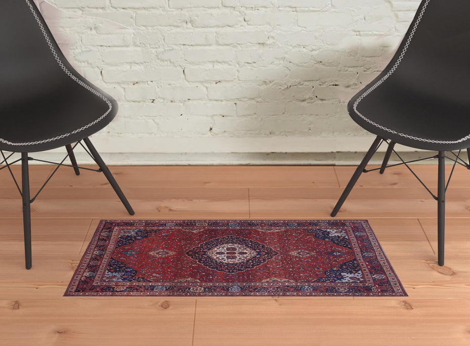 Floral Power Loom Area Rug - Red, Blue And Tan - 2' X 3'