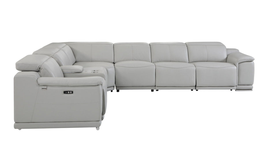 Italian Leather Power Recline L Shape Seven Piece Corner Sectional With Console - Gray