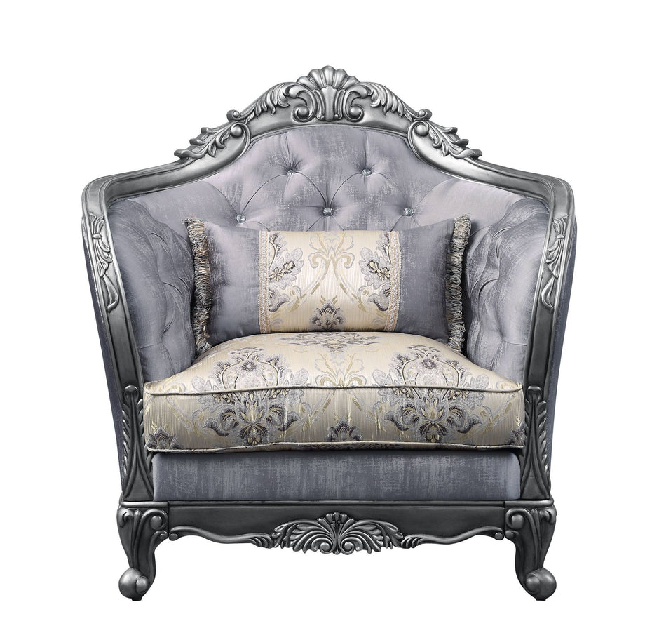 Fabric And Platinum Floral Tufted Arm Chair 43" - Light Gray