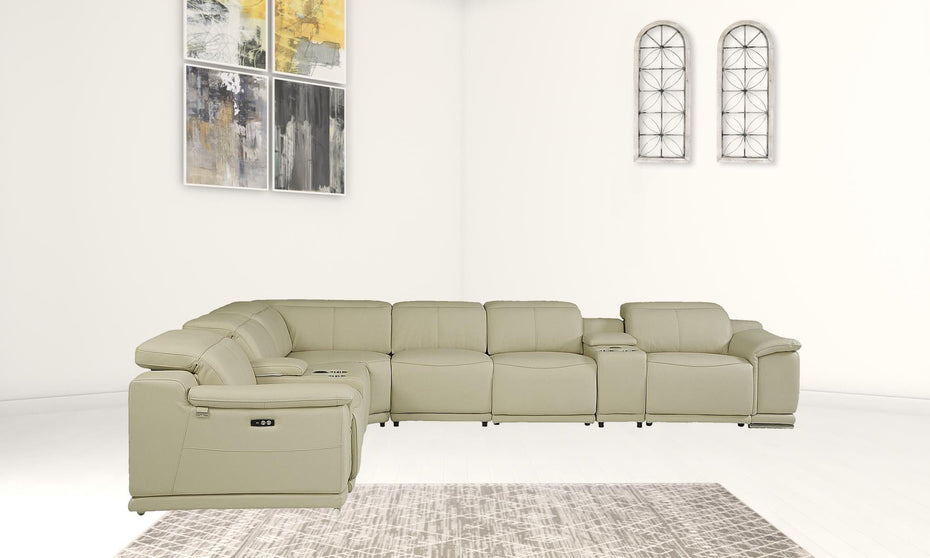 Leather Power Recline L Shape Eight Piece Corner Sectional With Console - Beige Italian