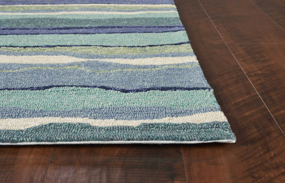 Hand Hooked Uv Treated Abstract Waves Indoor Outdoor Accent Rug - Blue Teal - 2' x 3'