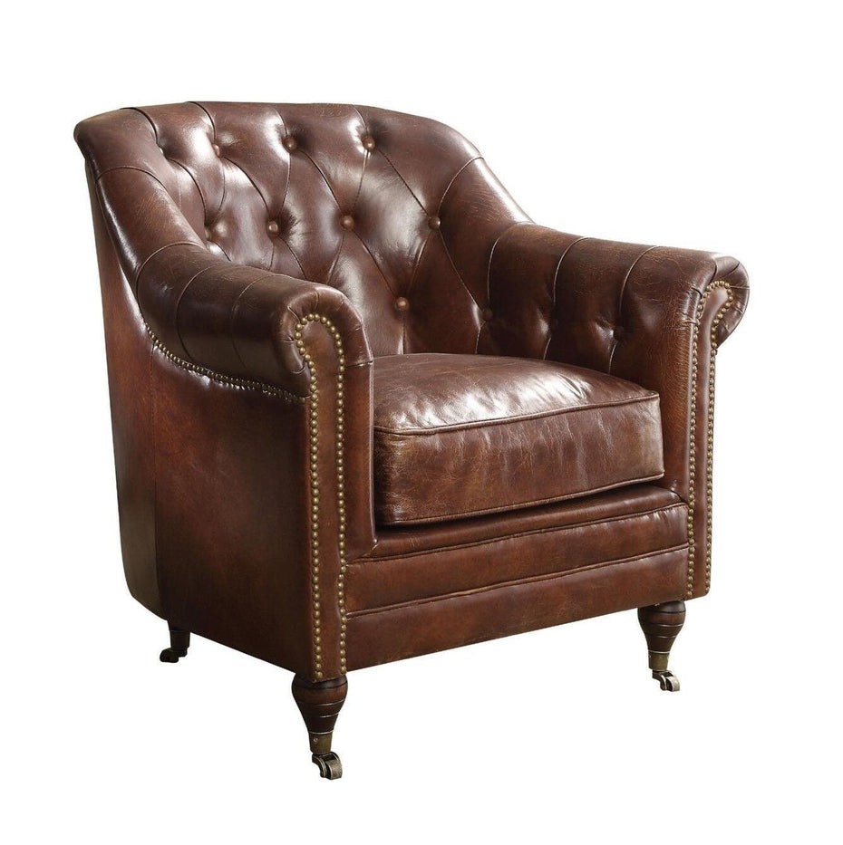 Top Grain Leather Tufted Chesterfield Chair 34" - Brown