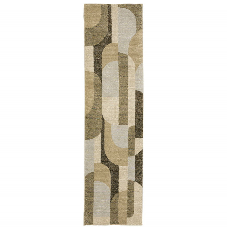 Geometric Power Loom Stain Resistant Runner Rug - Brown Charcoal Gold And Beige - 2' X 8'