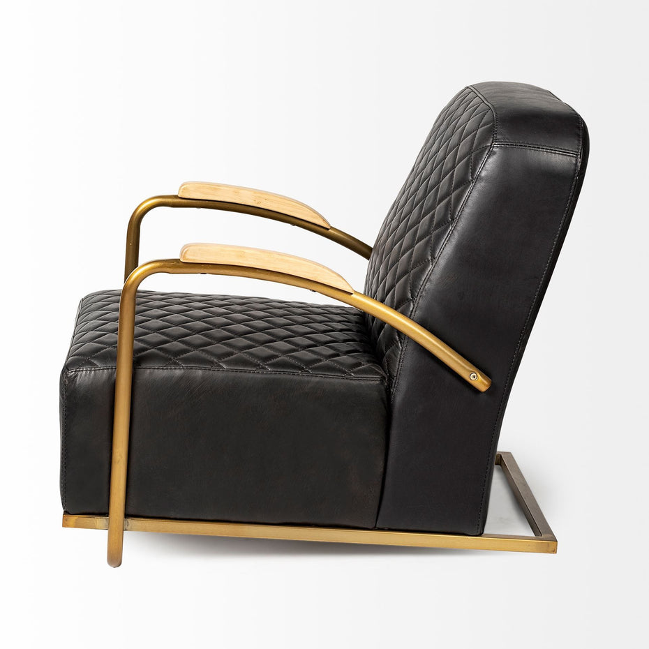 Leather Diamond Pattern Gold Club Chair - Black